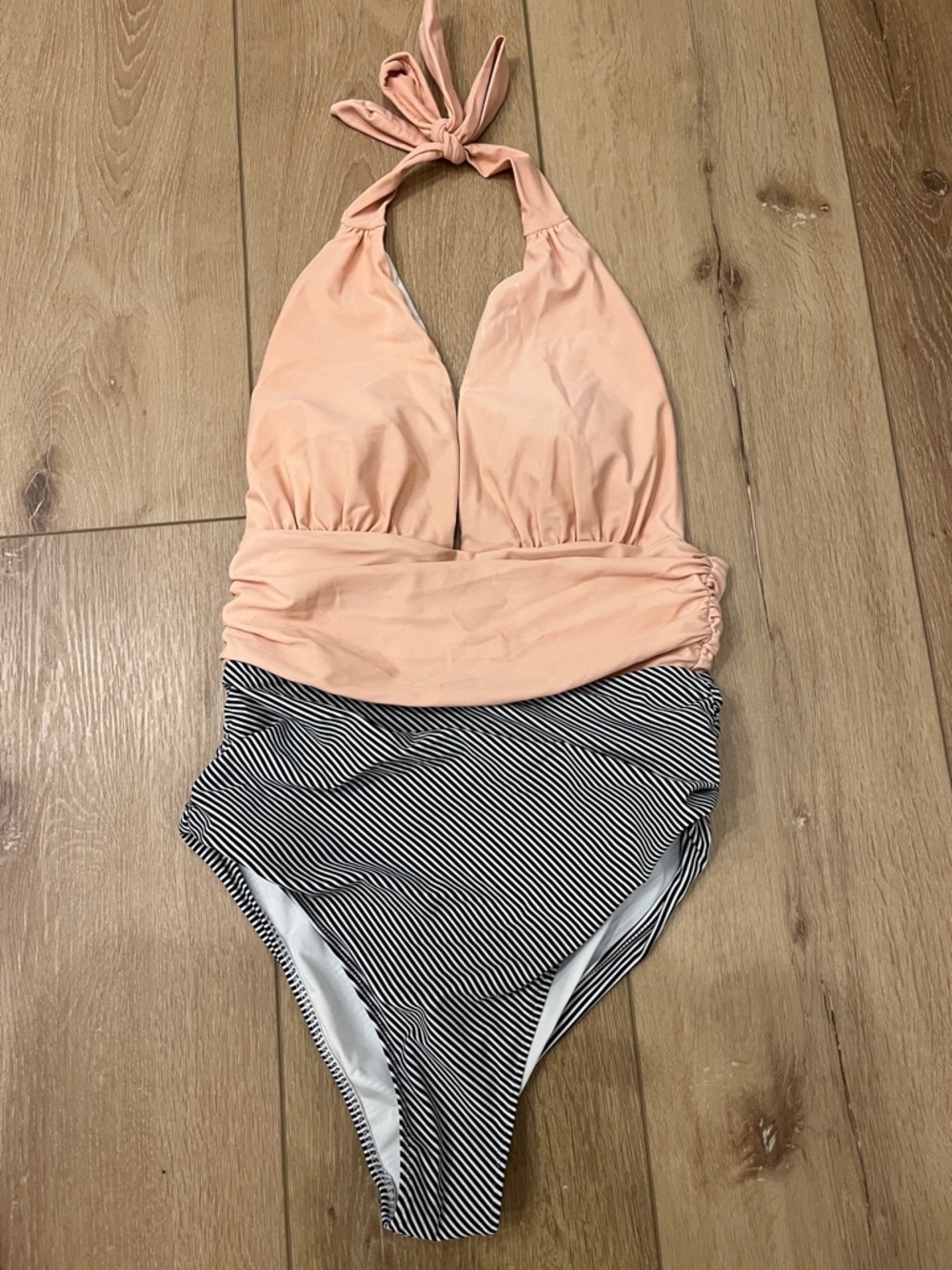Cupshe Peach Halter One-Piece Swimsuit with Black & White Stripe Bottom